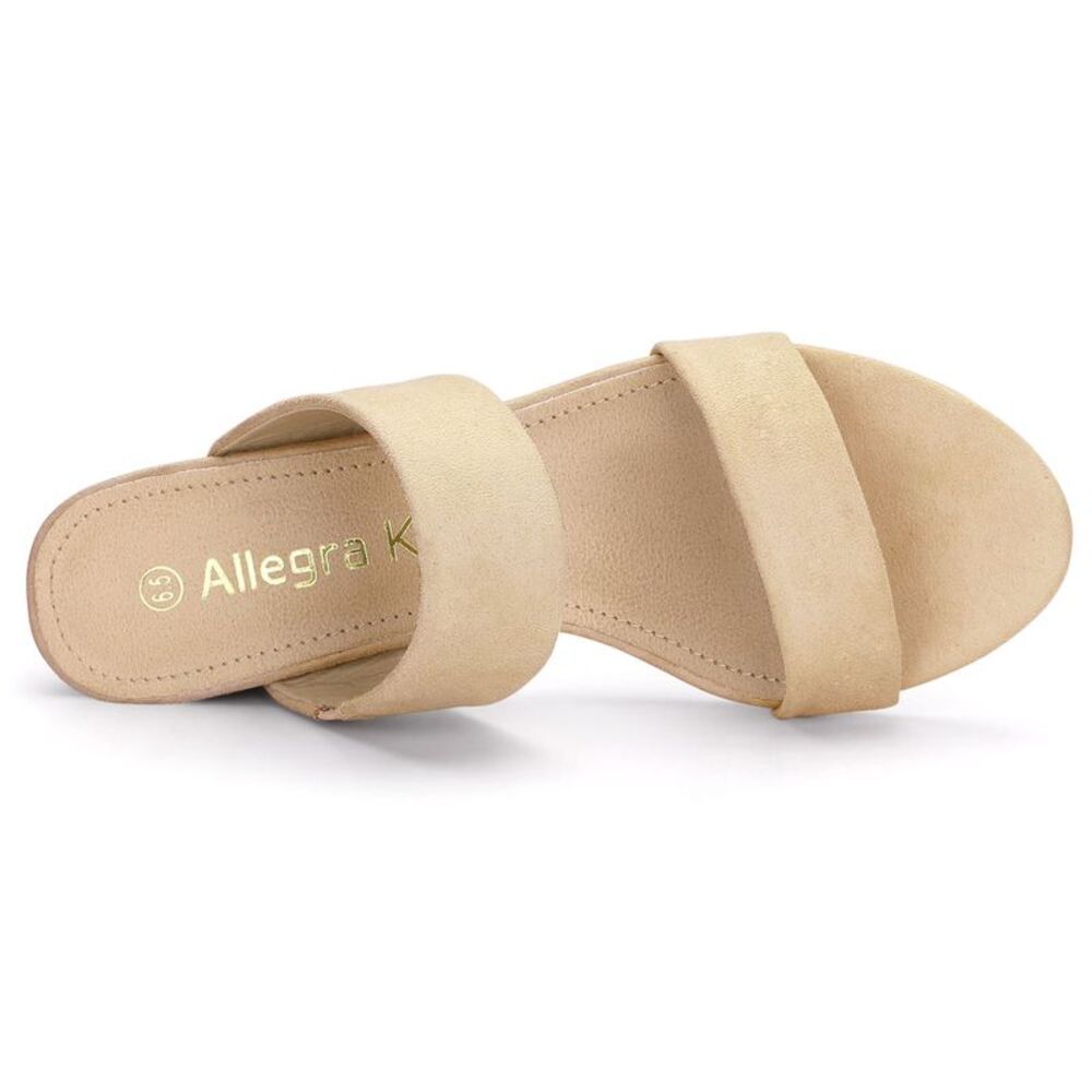 Women's Open Toe Mid Chunky Heel Dual Straps Beige Slide Sandals - Picture 4 of 6